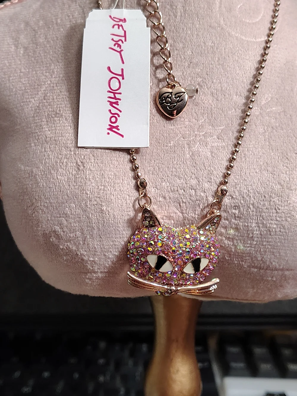 Betsey Johnson Pink Multicolor Glitter Cat Pendant Necklace
